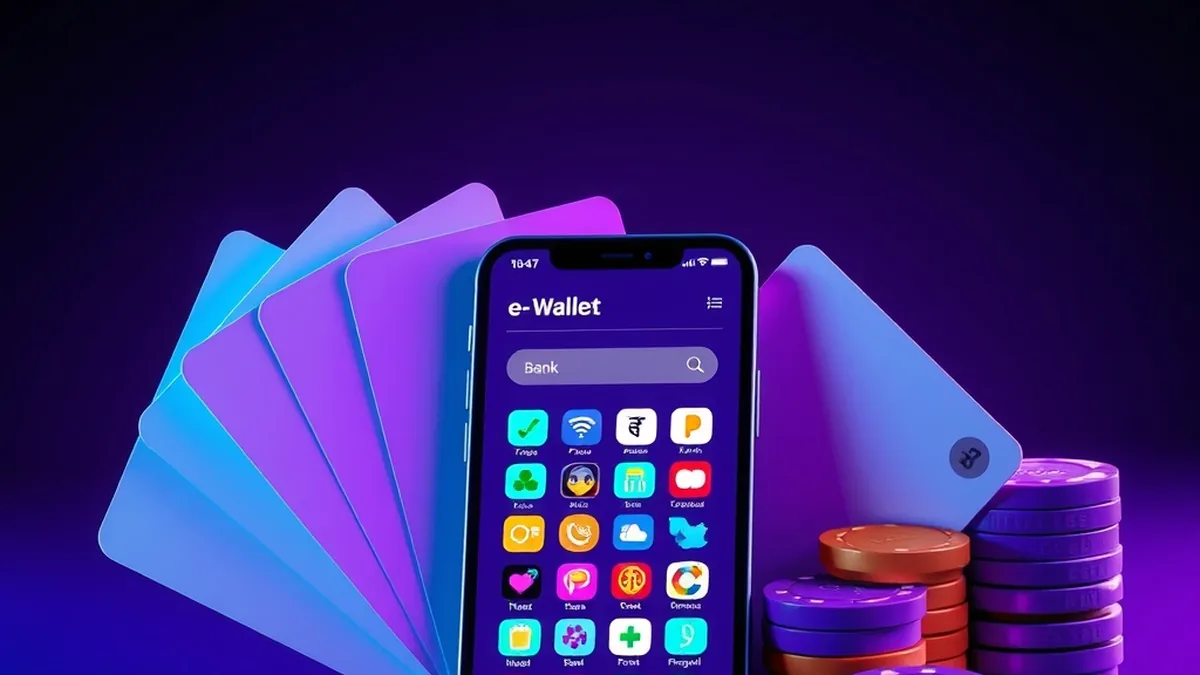 Bank cards, e-wallet phone and coins showing casino deposit payment methods