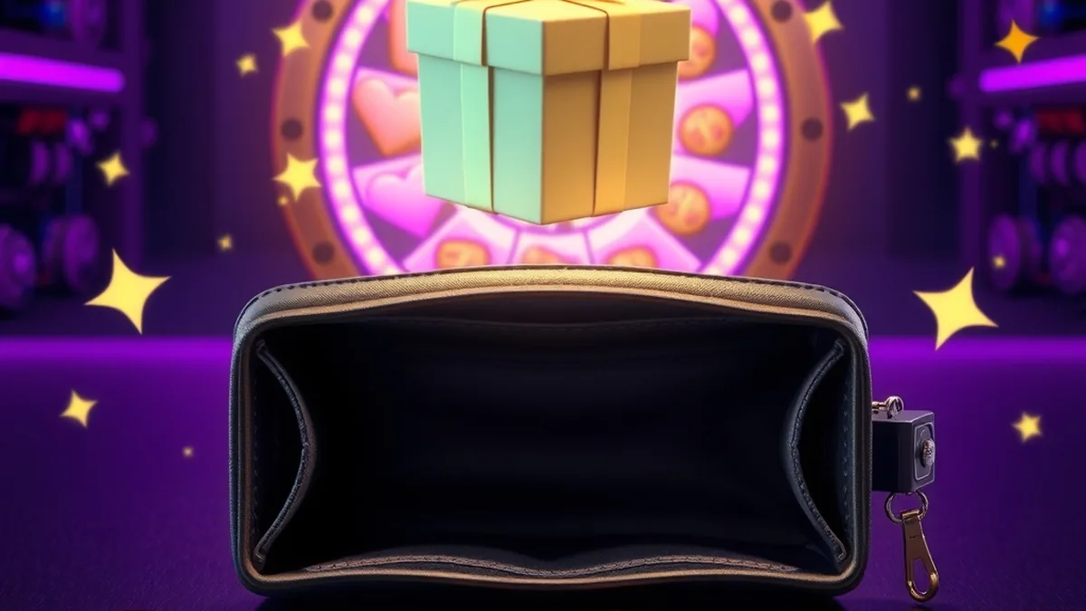 Empty wallet with glowing gift box showing a no deposit casino bonus