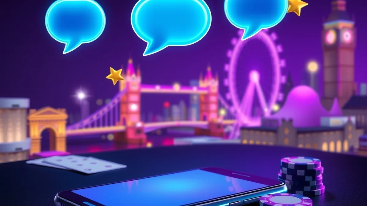 Speech bubbles and rating stars above phone representing UK player reviews