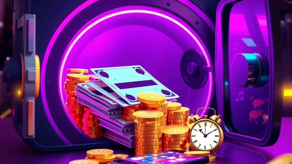Gold coins flowing from vault to bank card showing withdrawal times